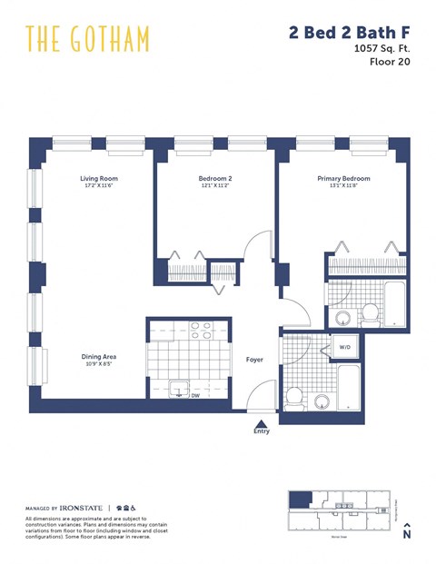 Floor plan for 2 beds, 2 baths, 1057 sqft